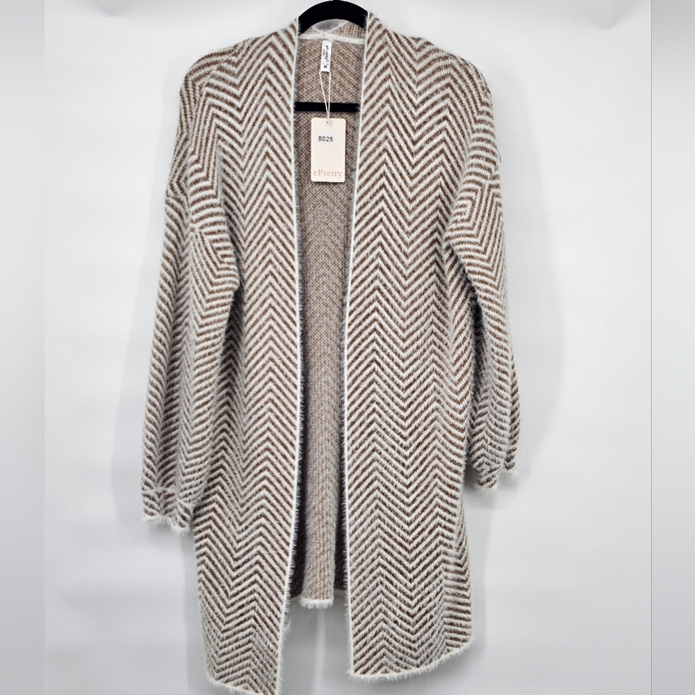 ePretty Women's Chevron Open Cardigan - Cream & Brown